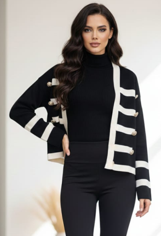 KADIN GOLD DÜĞME DETAYLI TRİKO SİYAH-EKRU - STANDART