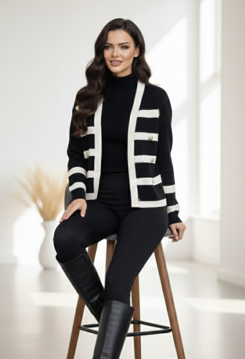 KADIN GOLD DÜĞME DETAYLI TRİKO SİYAH-EKRU - STANDART