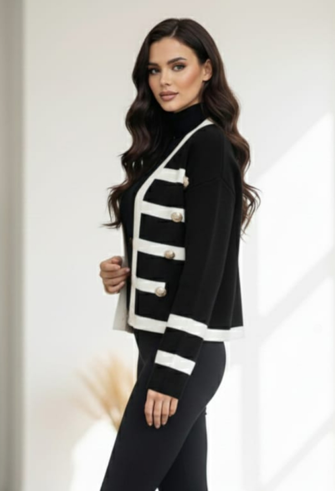 KADIN GOLD DÜĞME DETAYLI TRİKO SİYAH-EKRU - STANDART