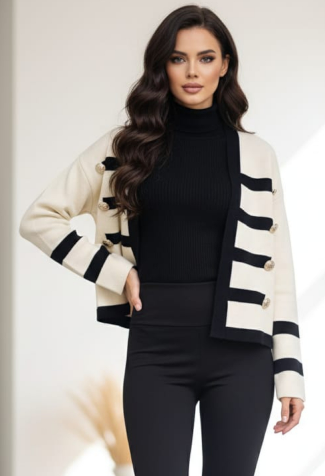 KADIN GOLD DÜĞME DETAYLI TRİKO EKRU-SİYAH - STANDART