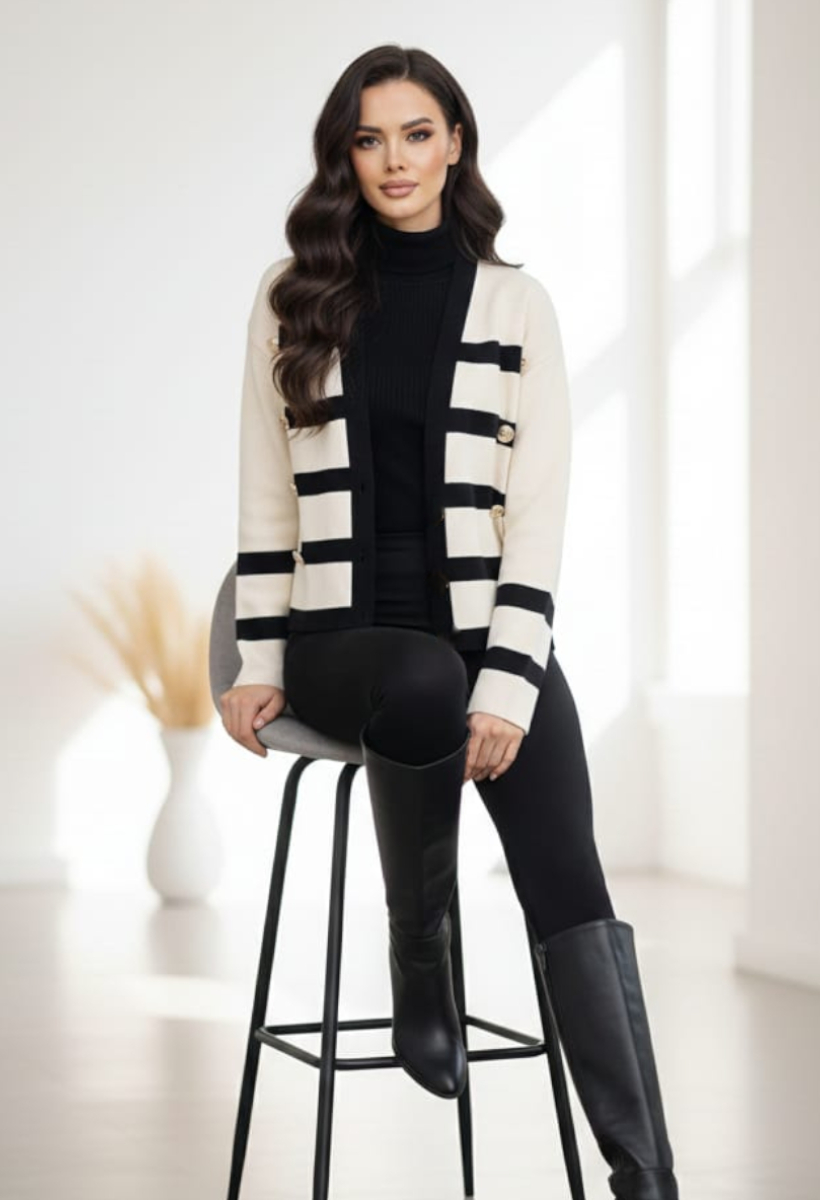 KADIN GOLD DÜĞME DETAYLI TRİKO EKRU-SİYAH - STANDART