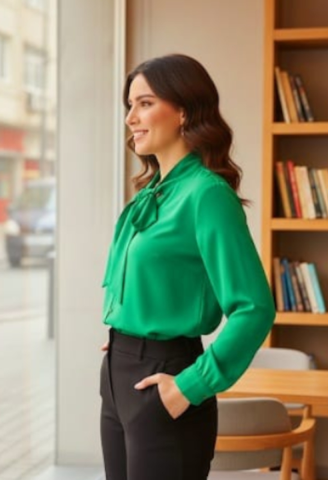KADIN BOYUNDAN BAĞLAMA DETAYLI DÜĞMELİ GÖMLEK YEŞİL - L