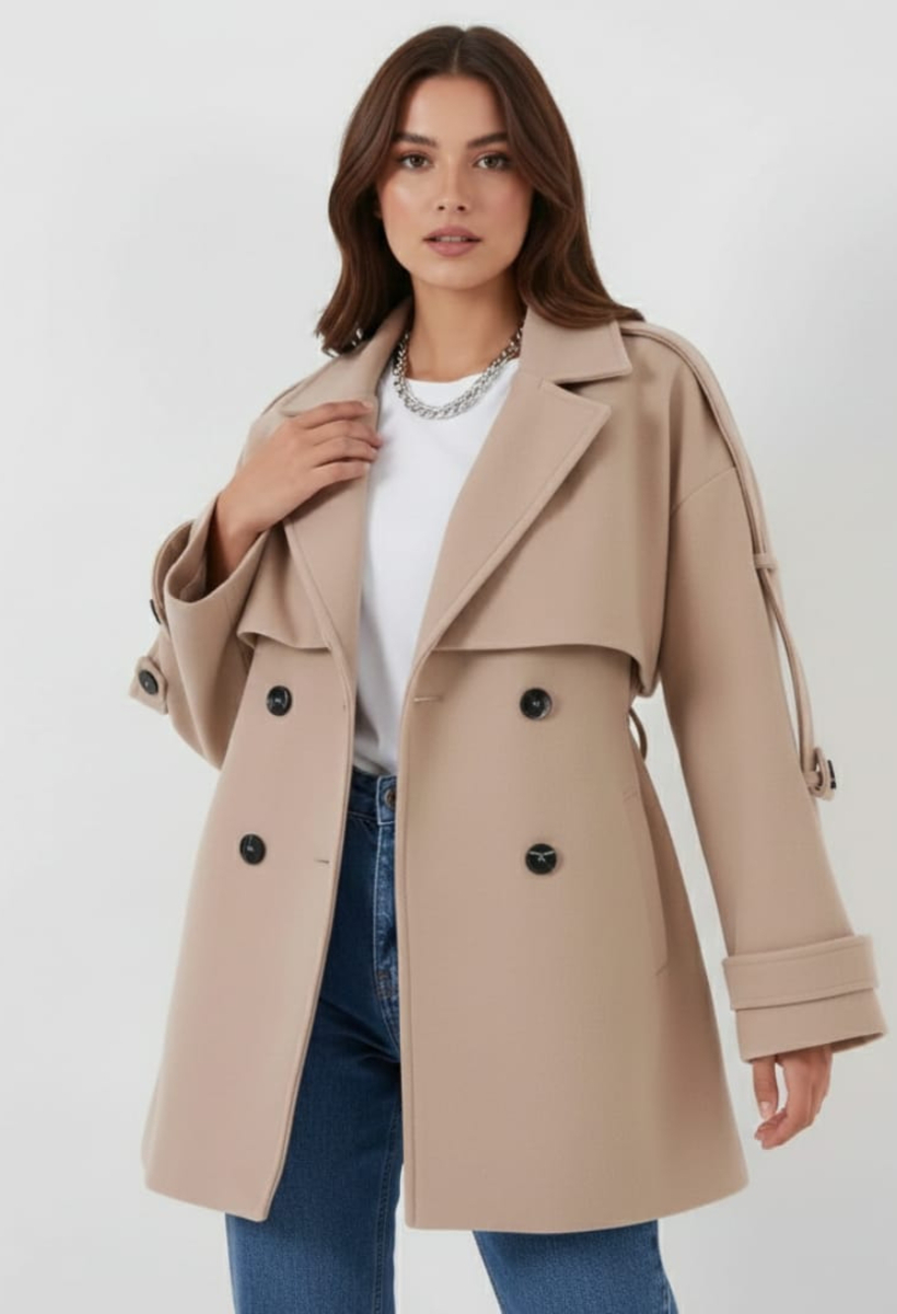KADIN KUŞAKLI DÜĞME DETAYLI OVERSİZE KAŞE KABAN 40 - BEJ