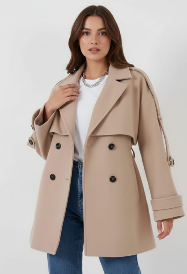 KADIN KUŞAKLI DÜĞME DETAYLI OVERSİZE KAŞE KABAN 40 - BEJ