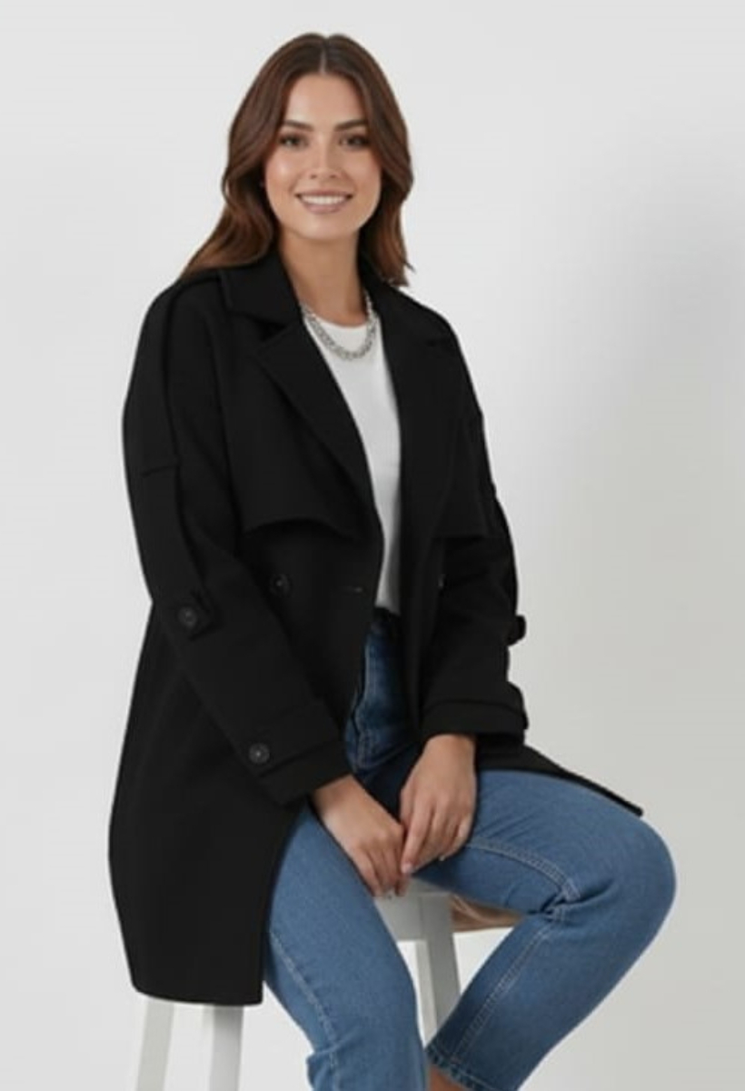 KADIN KUŞAKLI DÜĞME DETAYLI OVERSİZE KAŞE KABAN 38 - SİYAH
