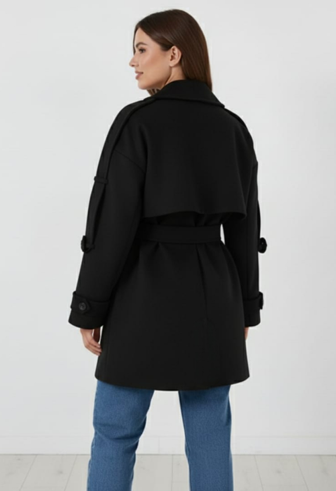 KADIN KUŞAKLI DÜĞME DETAYLI OVERSİZE KAŞE KABAN 38 - SİYAH