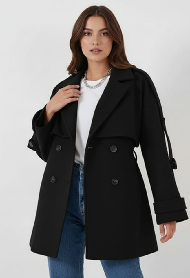 KADIN KUŞAKLI DÜĞME DETAYLI OVERSİZE KAŞE KABAN 42 - SİYAH