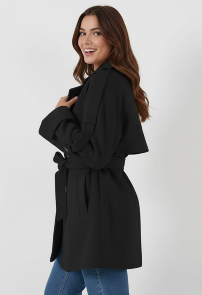 KADIN KUŞAKLI DÜĞME DETAYLI OVERSİZE KAŞE KABAN 42 - SİYAH