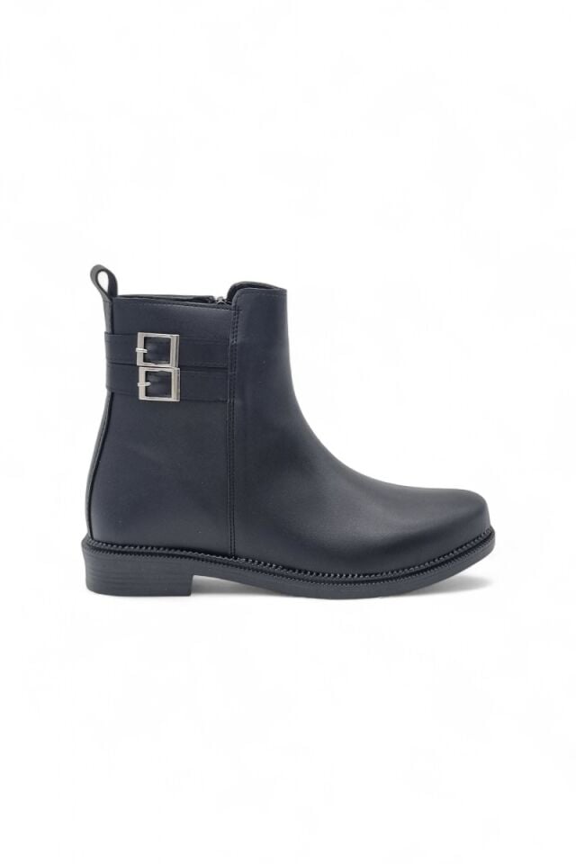 KADIN ALÇAK TABAN FERMUARLI ÇİFT TOKA DETAYLI SİYAH BOT