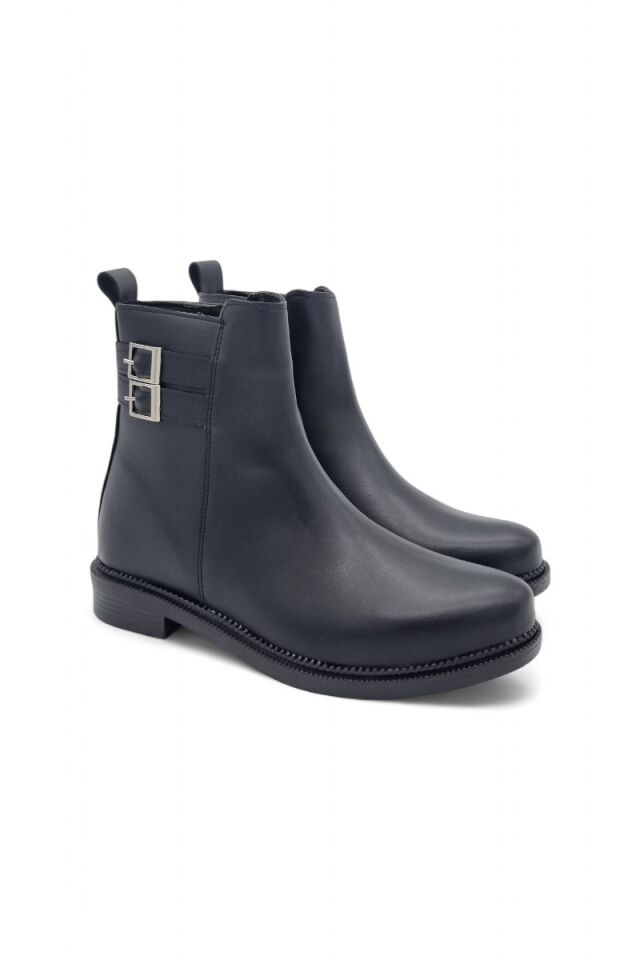 KADIN ALÇAK TABAN FERMUARLI ÇİFT TOKA DETAYLI SİYAH BOT