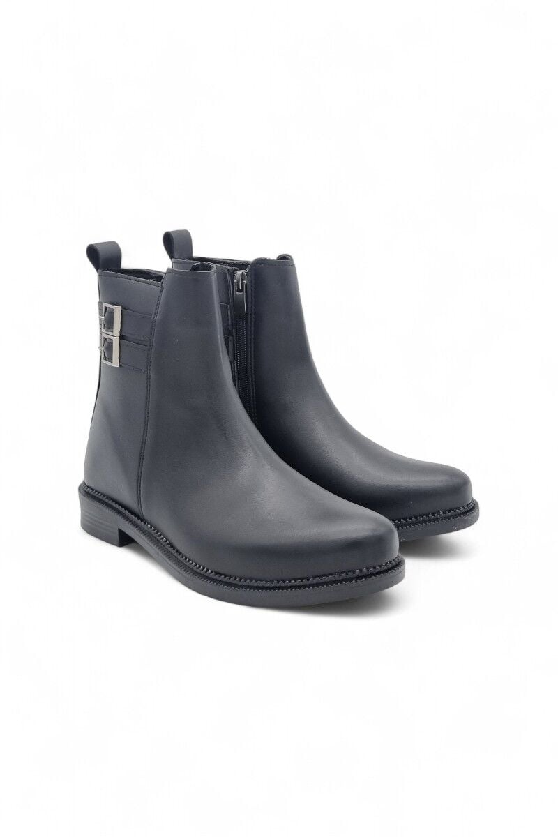 KADIN ALÇAK TABAN FERMUARLI ÇİFT TOKA DETAYLI SİYAH BOT 39 - SİYAH