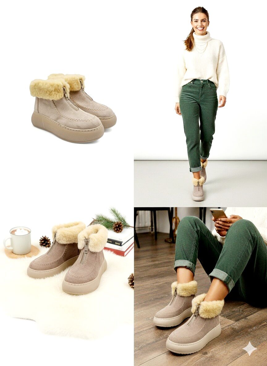 KADIN KALIN TABAN KÜRK ASTARLI ÖNDEN FERMUARLI BOT BEJ  - 40