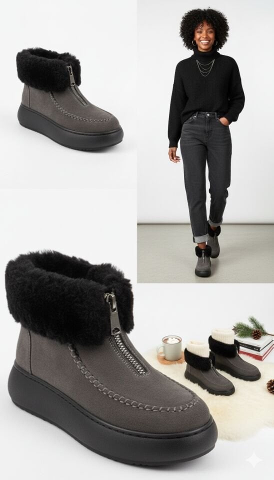 KADIN KALIN TABAN KÜRK ASTARLI ÖNDEN FERMUARLI BOT GRİ - 40