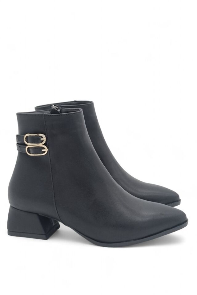 KADIN ÇİFT TOKA DETAYLI TOPUKLU BOT SİYAH CİLT - 40