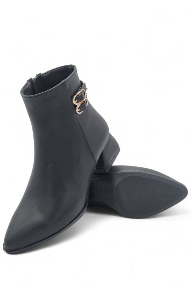 KADIN ÇİFT TOKA DETAYLI TOPUKLU BOT SİYAH CİLT - 40