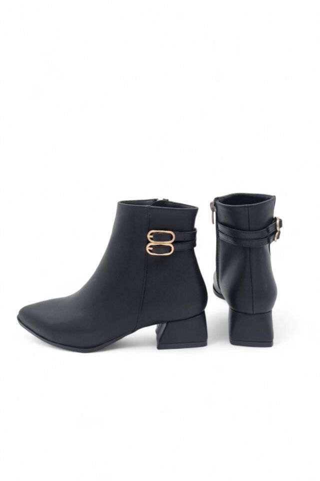 KADIN ÇİFT TOKA DETAYLI TOPUKLU BOT SİYAH CİLT - 40