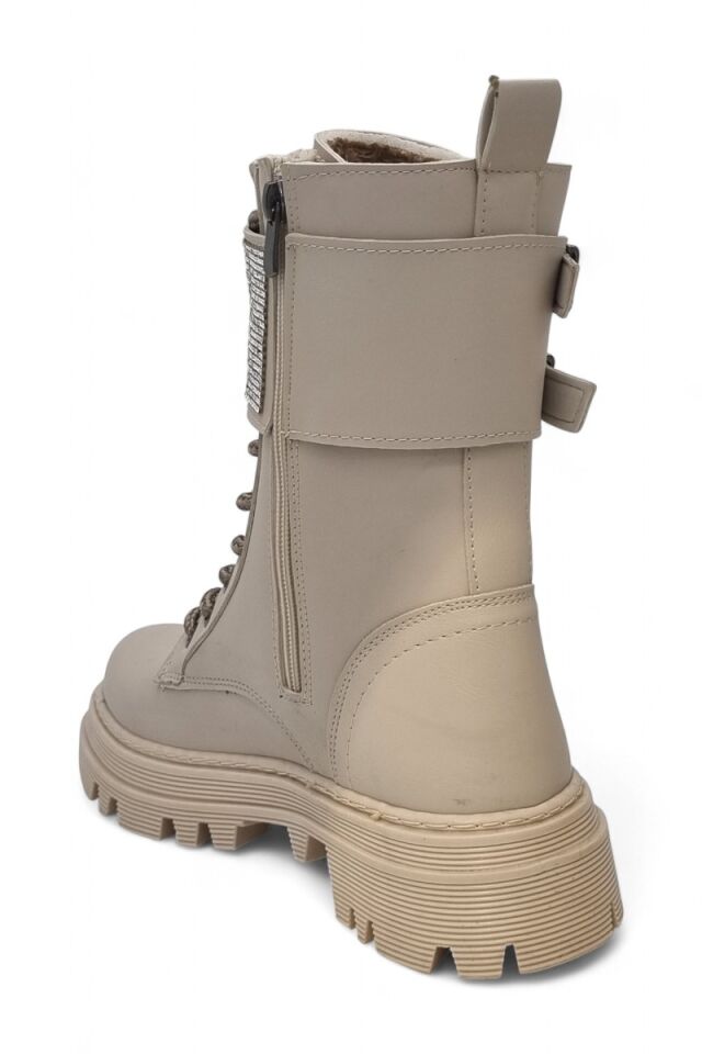 KADIN ÇİFT TOKALI TAŞLI BAĞCIKLI VE FERMUARLI TERMO TABANLI BOT BEJ  - 40