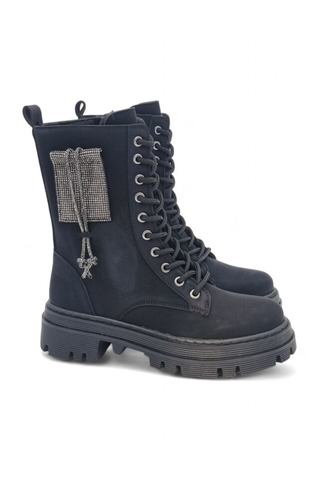 KADIN TAŞLI DETAYLI BAĞCIKLI FERMUARLI POSTAL BOT 40 - SİYAH