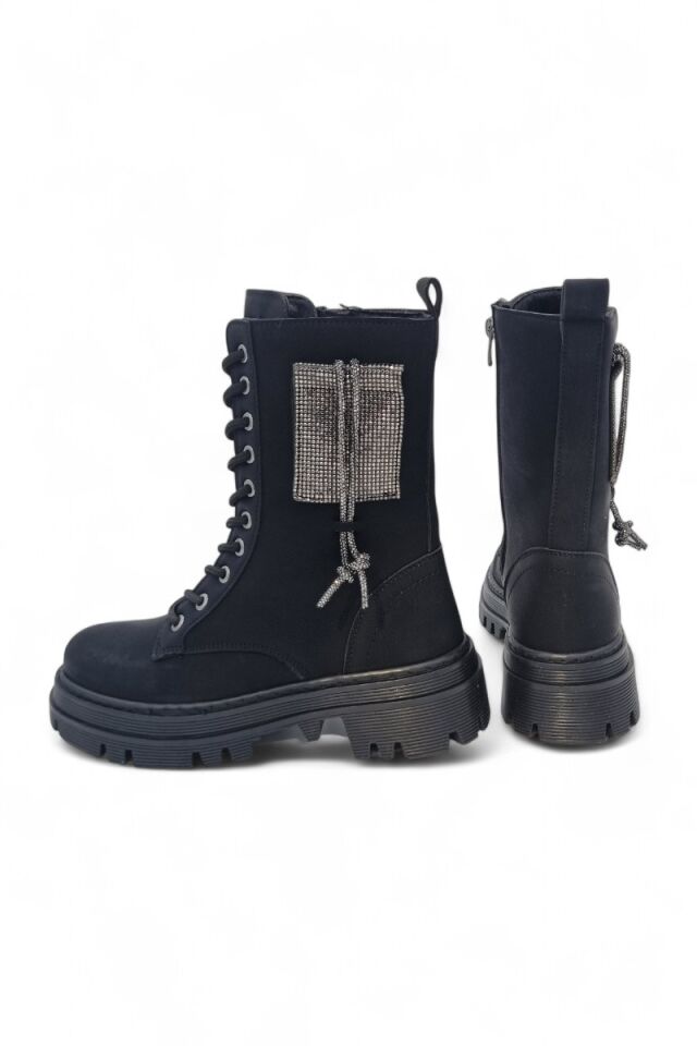 KADIN TAŞLI DETAYLI BAĞCIKLI FERMUARLI POSTAL BOT 40 - SİYAH