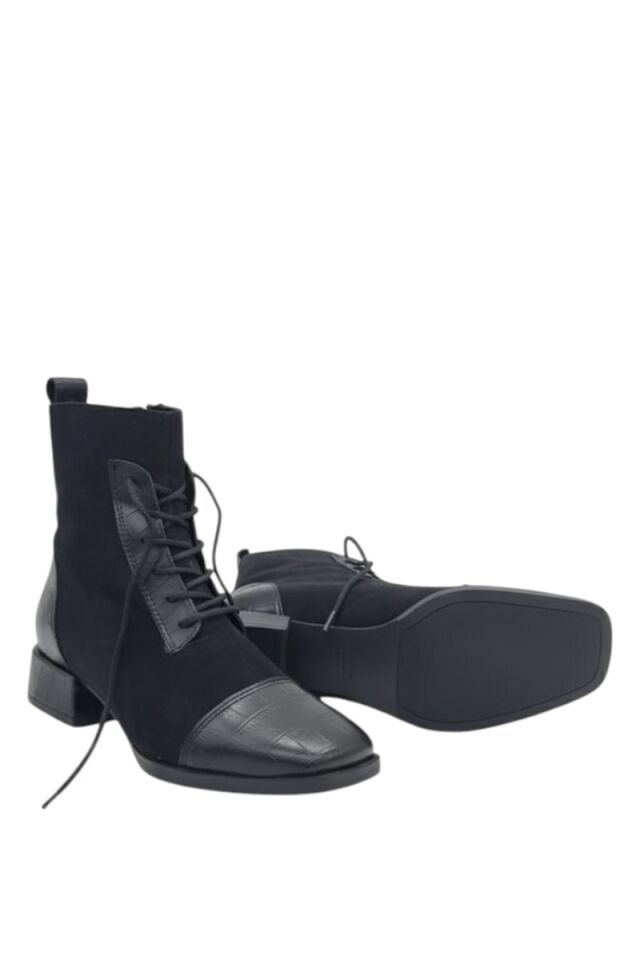 KADIN BAĞCIKLI KÜT BURUN HAKİKİ SÜET DERİ DETAYLI TOPUKLU KLASİK BOT SİYAH SÜET - 40