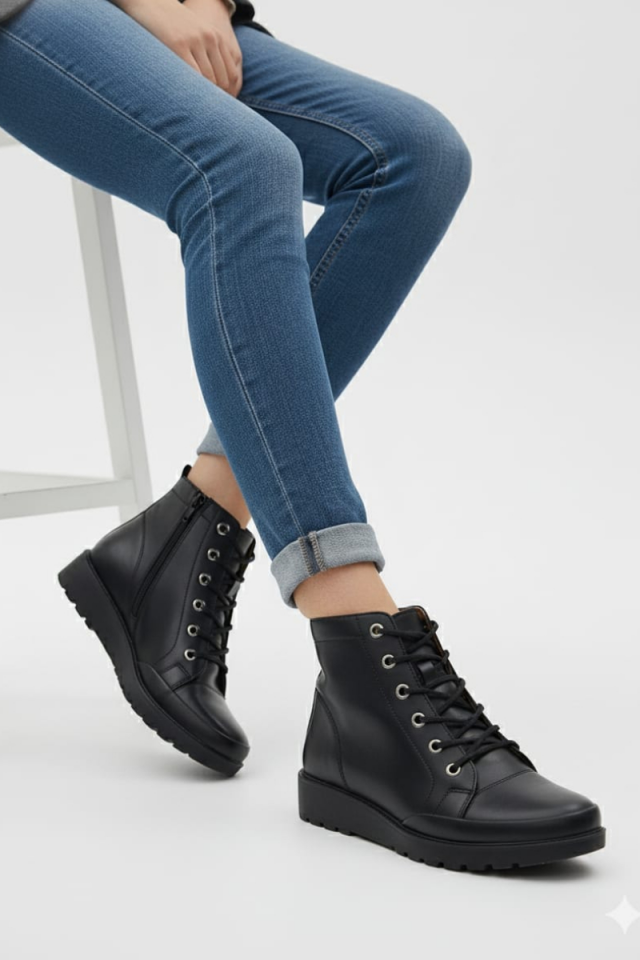 KADIN AKILLI BAĞCIKLI FERMUARLI ORTOPEDİK TABANLI BOT SİYAH CİLT - 40