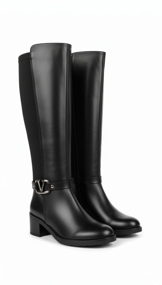 KADIN DERİ GÖRÜNÜMLÜ ARKASI ESNEK KALIN ORTA TOPUKLU TOKALI FERMUARLI UZUN ÇİZME