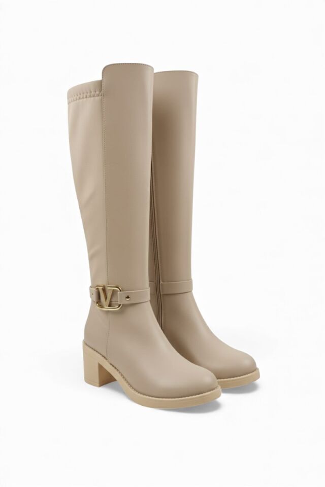 KADIN DERİ GÖRÜNÜMLÜ ARKASI ESNEK KALIN ORTA TOPUKLU TOKALI FERMUARLI UZUN ÇİZME 40 - BEJ