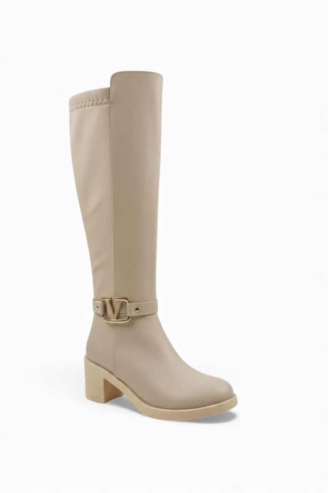 KADIN DERİ GÖRÜNÜMLÜ ARKASI ESNEK KALIN ORTA TOPUKLU TOKALI FERMUARLI UZUN ÇİZME 40 - BEJ