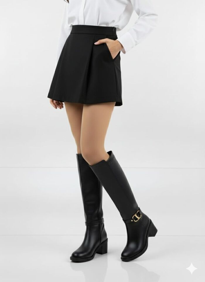 KADIN DERİ GÖRÜNÜMLÜ ARKASI ESNEK KALIN ORTA TOPUKLU TOKALI FERMUARLI UZUN ÇİZME 40 - SİYAH