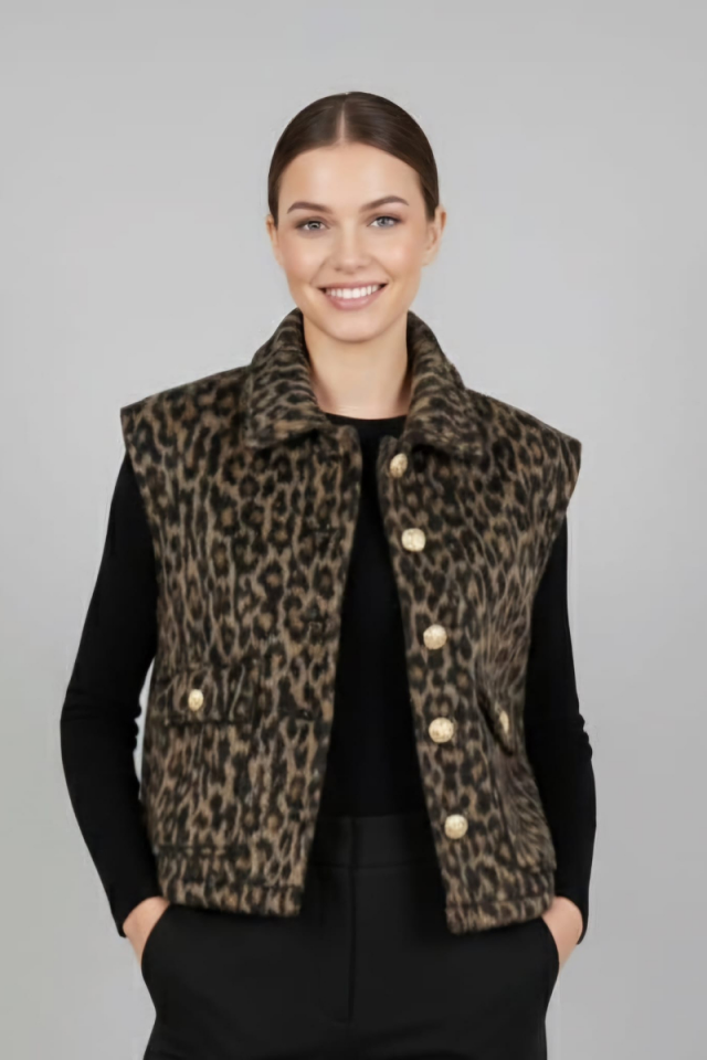 KADIN LEOPAR DESENLİ GOLD DÜĞME DETAYLI CEPLİ ŞIK YELEK 42 - LEOPAR