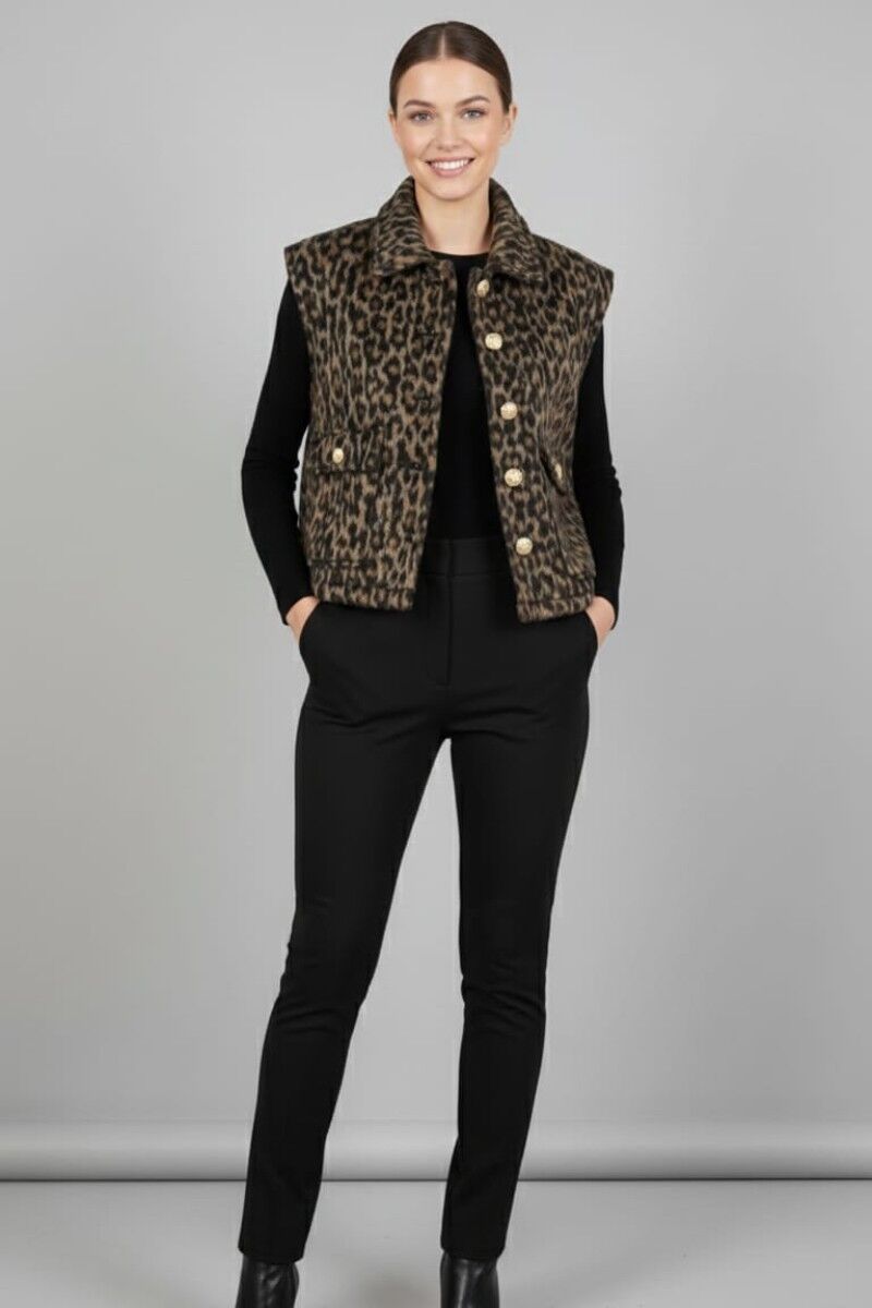 KADIN LEOPAR DESENLİ GOLD DÜĞME DETAYLI CEPLİ ŞIK YELEK 42 - LEOPAR