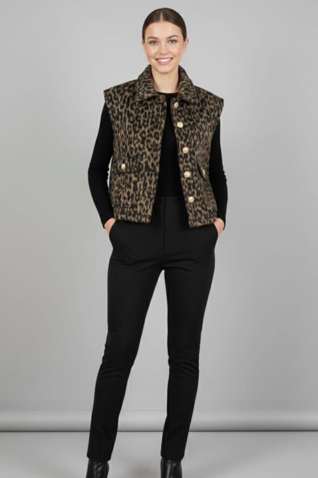 KADIN LEOPAR DESENLİ GOLD DÜĞME DETAYLI CEPLİ ŞIK YELEK 42 - LEOPAR