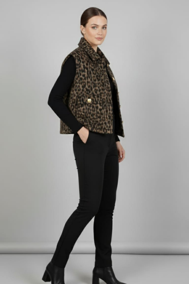 KADIN LEOPAR DESENLİ GOLD DÜĞME DETAYLI CEPLİ ŞIK YELEK 42 - LEOPAR