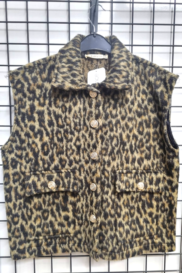 KADIN LEOPAR DESENLİ GOLD DÜĞME DETAYLI CEPLİ ŞIK YELEK 42 - LEOPAR
