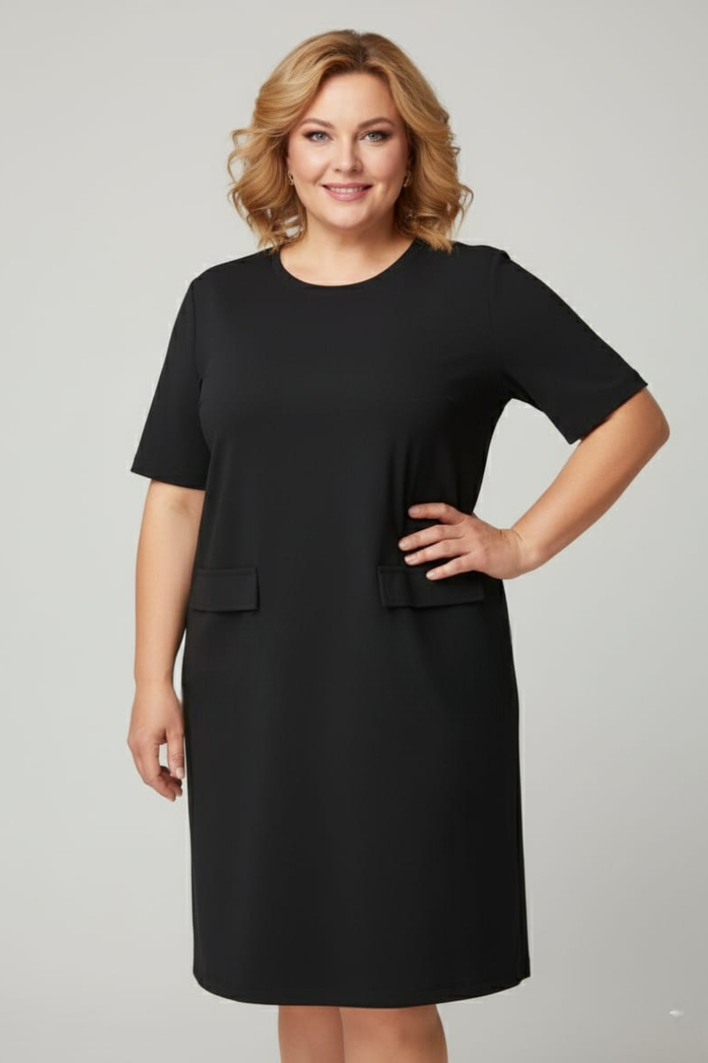 KADIN KISA KOLLU  CEP GÖRÜNÜMLÜ BİSİKLET YAKA BÜYÜK BEDEN ELBİSE