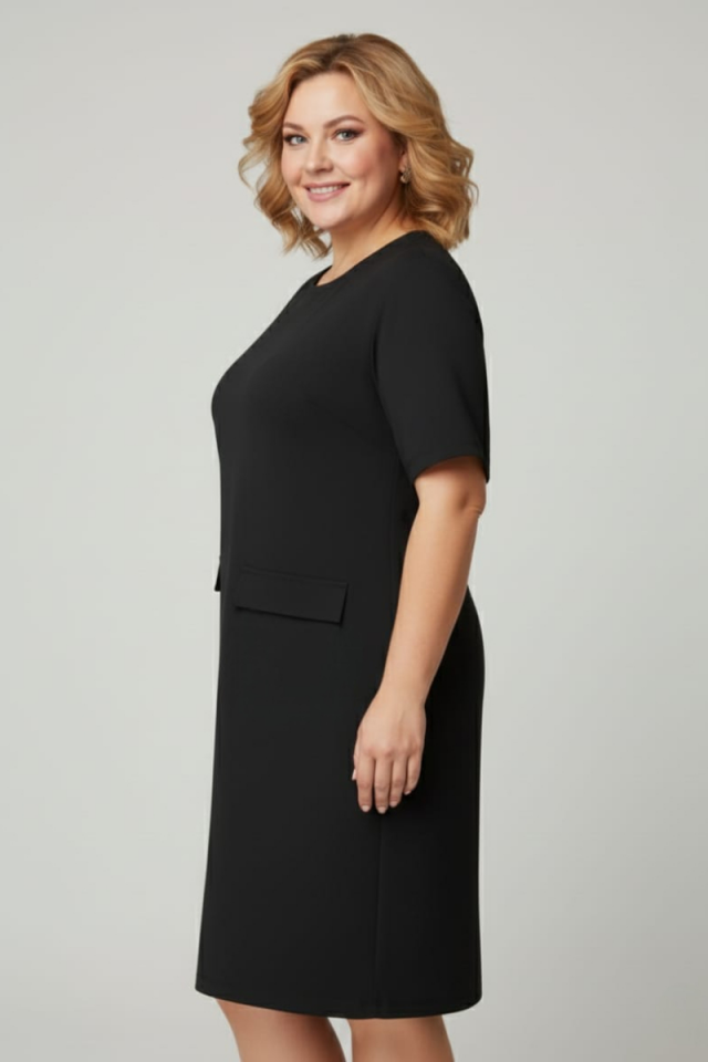 KADIN KISA KOLLU  CEP GÖRÜNÜMLÜ BİSİKLET YAKA BÜYÜK BEDEN ELBİSE