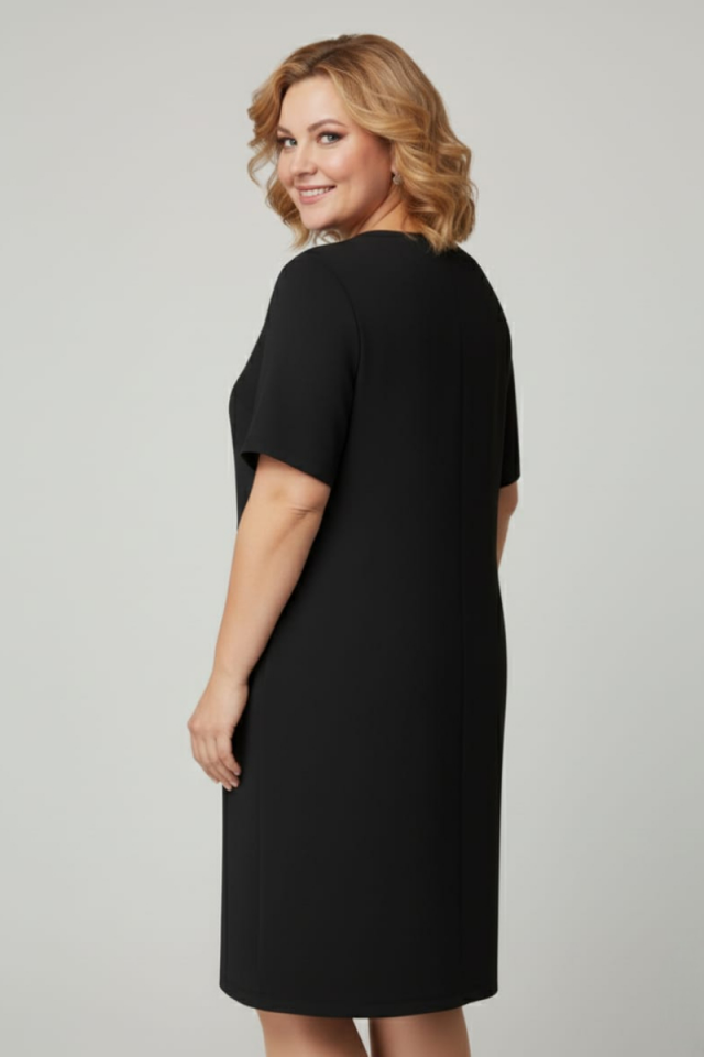 KADIN KISA KOLLU  CEP GÖRÜNÜMLÜ BİSİKLET YAKA BÜYÜK BEDEN ELBİSE 50 - SİYAH