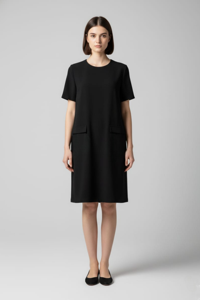 KADIN KISA KOLLU  CEP GÖRÜNÜMLÜ BİSİKLET YAKA BÜYÜK BEDEN ELBİSE 50 - SİYAH