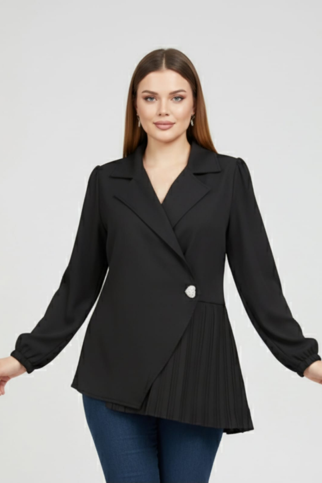 KADIN PLİSE DETAYLI CEKET GÖRÜNÜMLÜ ŞIK GÖMLEK BLUZ