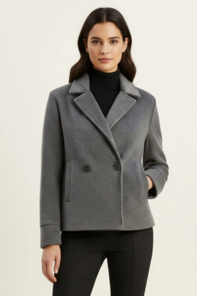 KADIN KRUVAZE YAKA ASTARLI CEP DETAYLI KISA KAŞE CEKET KABAN