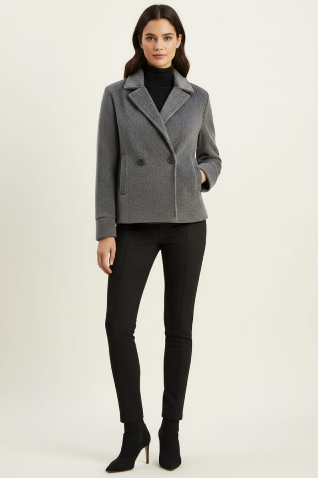 KADIN KRUVAZE YAKA ASTARLI CEP DETAYLI KISA KAŞE CEKET KABAN 40 - GRİ