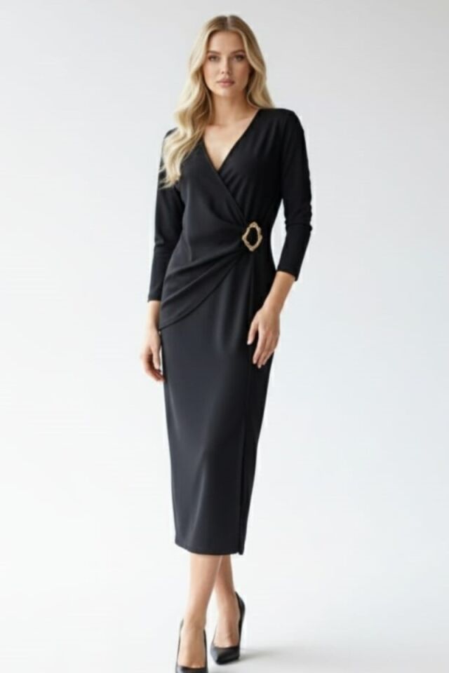 KADIN KRUVAZE YAKALI YIRTMAÇLI MİDİ ELBİSE S - SİYAH