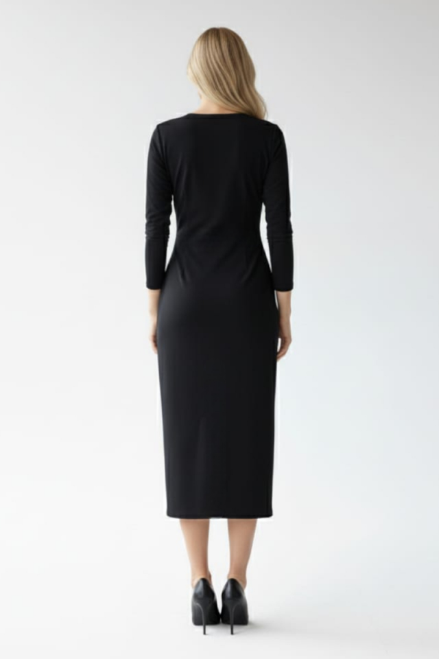 KADIN KRUVAZE YAKALI YIRTMAÇLI MİDİ ELBİSE S - SİYAH