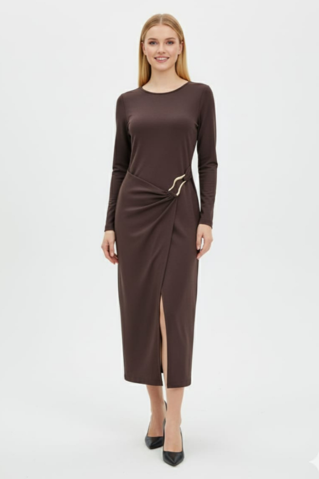 KADIN KRUVAZE YAKALI YIRTMAÇLI MİDİ ELBİSE