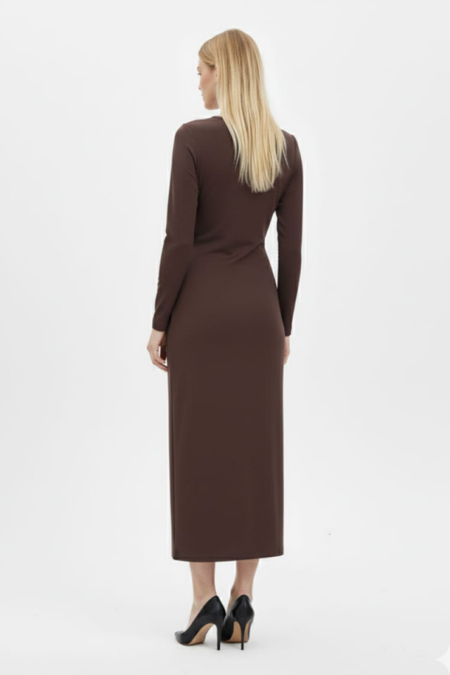 KADIN KRUVAZE YAKALI YIRTMAÇLI MİDİ ELBİSE