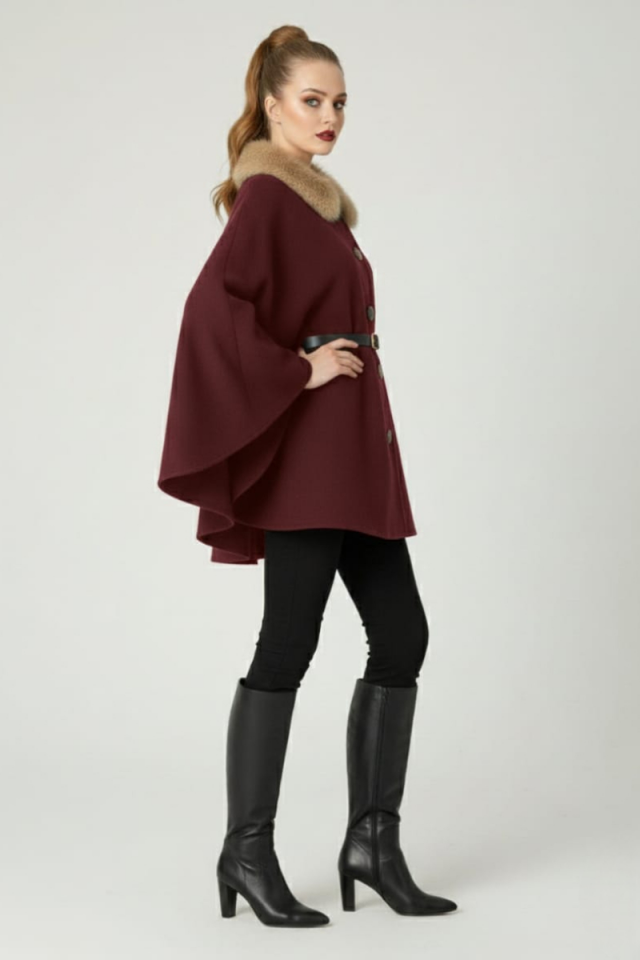 KADIN YAKASI KÜRKLÜ DÜĞME DETAYLI BELİ KEMERLİ PANÇO KAŞE KABAN