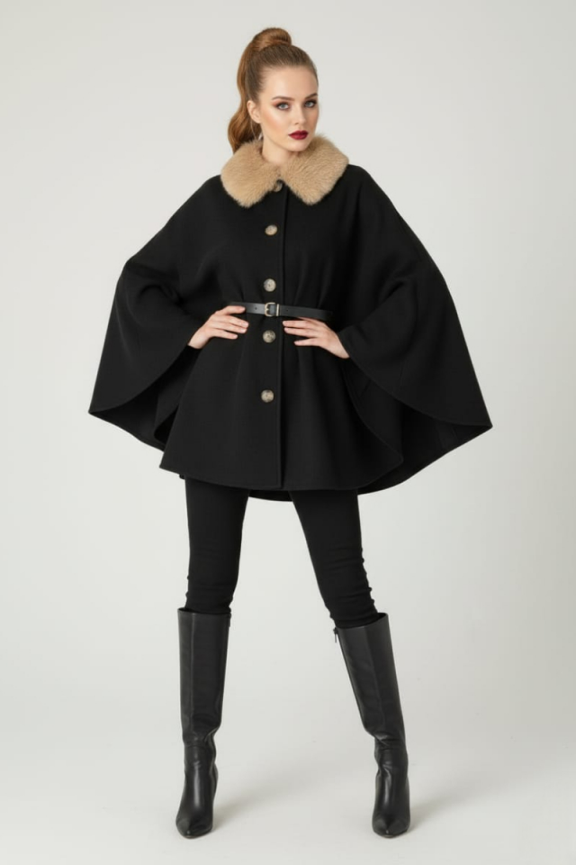 KADIN YAKASI KÜRKLÜ DÜĞME DETAYLI BELİ KEMERLİ PANÇO KAŞE KABAN SİYAH - STANDART