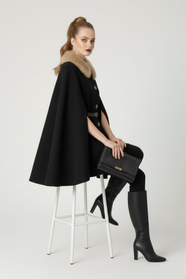 KADIN YAKASI KÜRKLÜ DÜĞME DETAYLI BELİ KEMERLİ PANÇO KAŞE KABAN SİYAH - STANDART