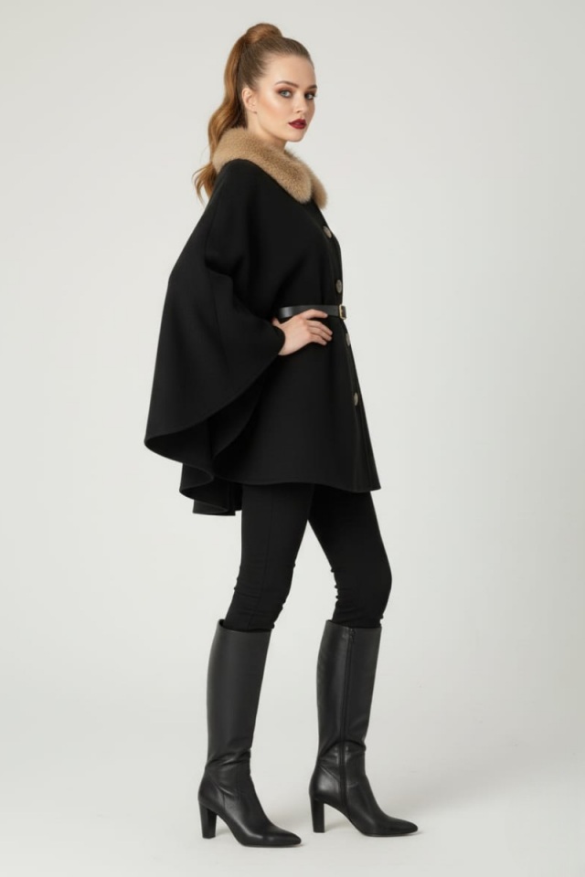 KADIN YAKASI KÜRKLÜ DÜĞME DETAYLI BELİ KEMERLİ PANÇO KAŞE KABAN SİYAH - STANDART