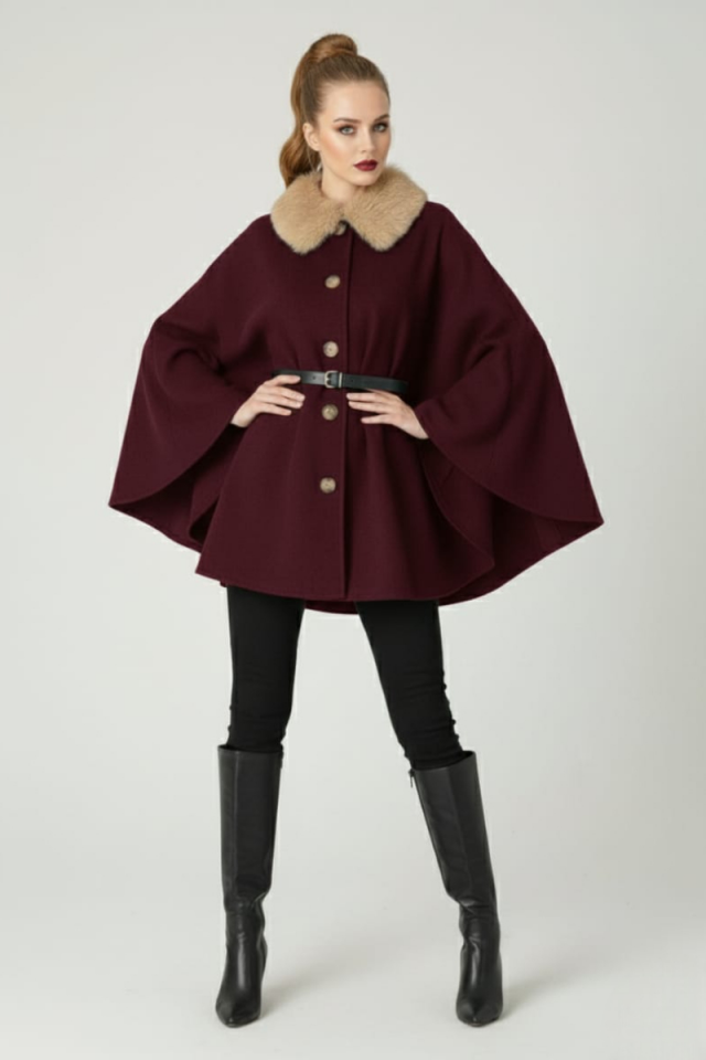 KADIN YAKASI KÜRKLÜ DÜĞME DETAYLI BELİ KEMERLİ PANÇO KAŞE KABAN BORDO - STANDART